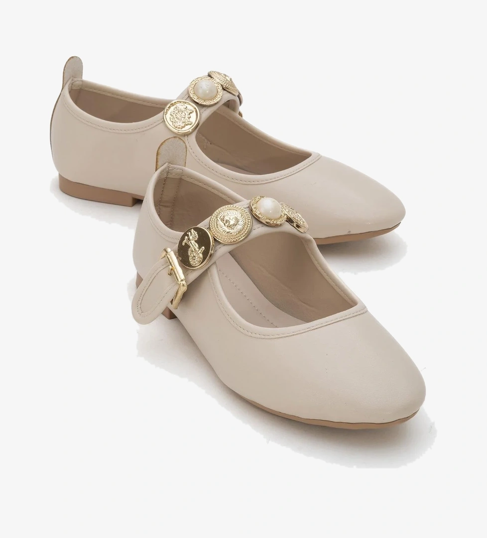 Kadın Kemerli Armalı Tek Biyeli Küt Burunlu Babet TEN