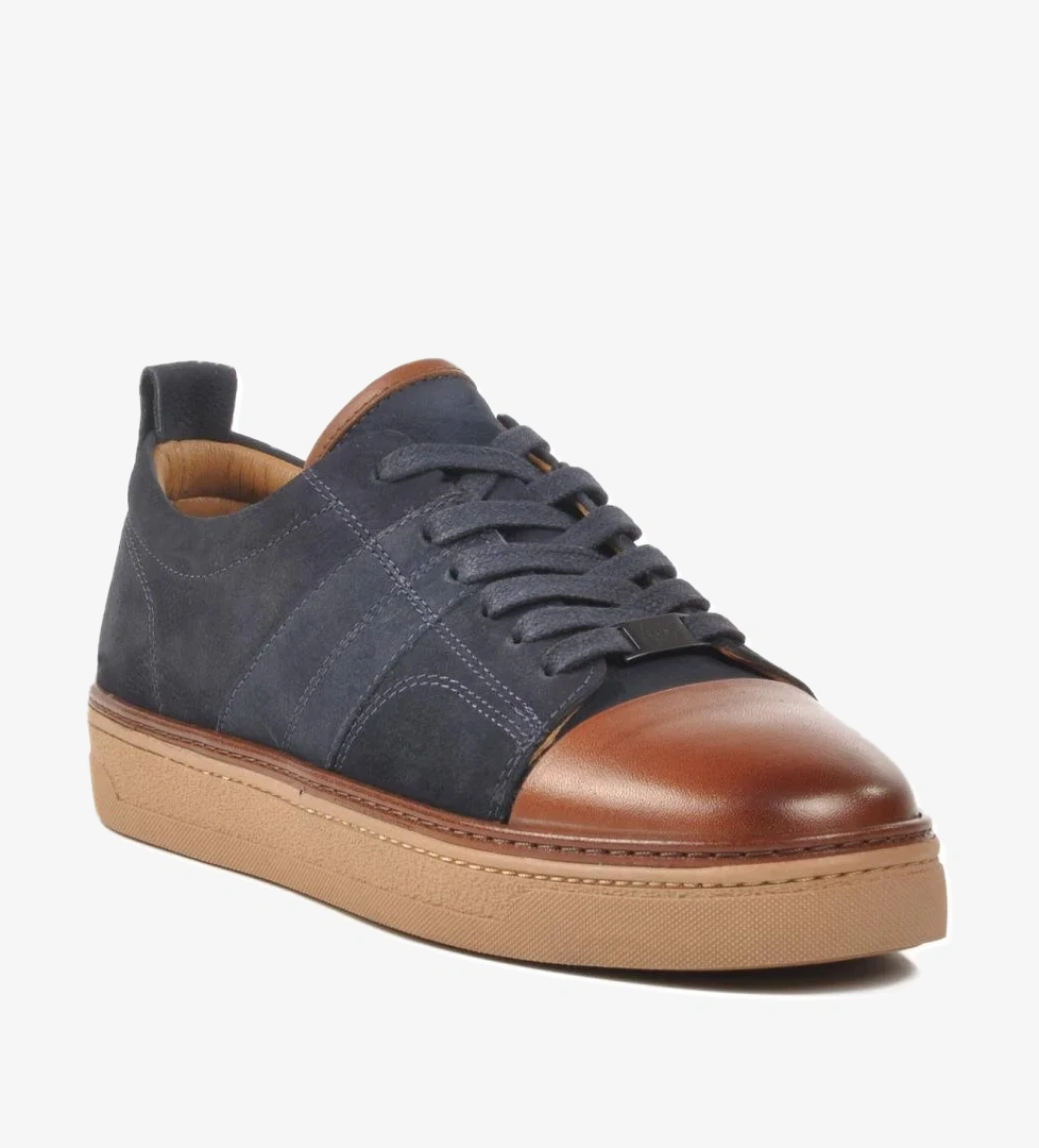 Lacivert-Kahve Hakiki Deri Erkek Sneaker 3K1973-C704 M - Görsel 1