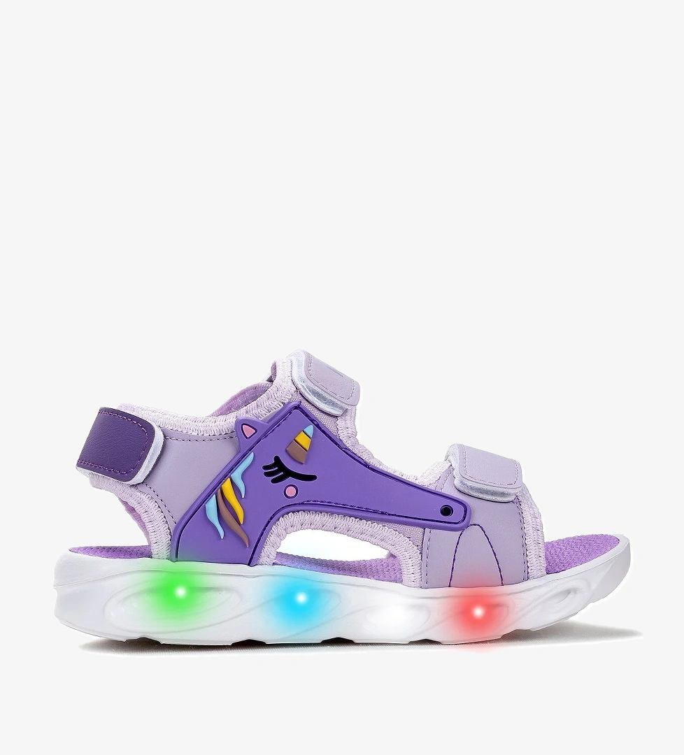 Unicorn Günlük Işıklı Cırtlı Kız Çocuk Sandalet Ayakkabı Lila