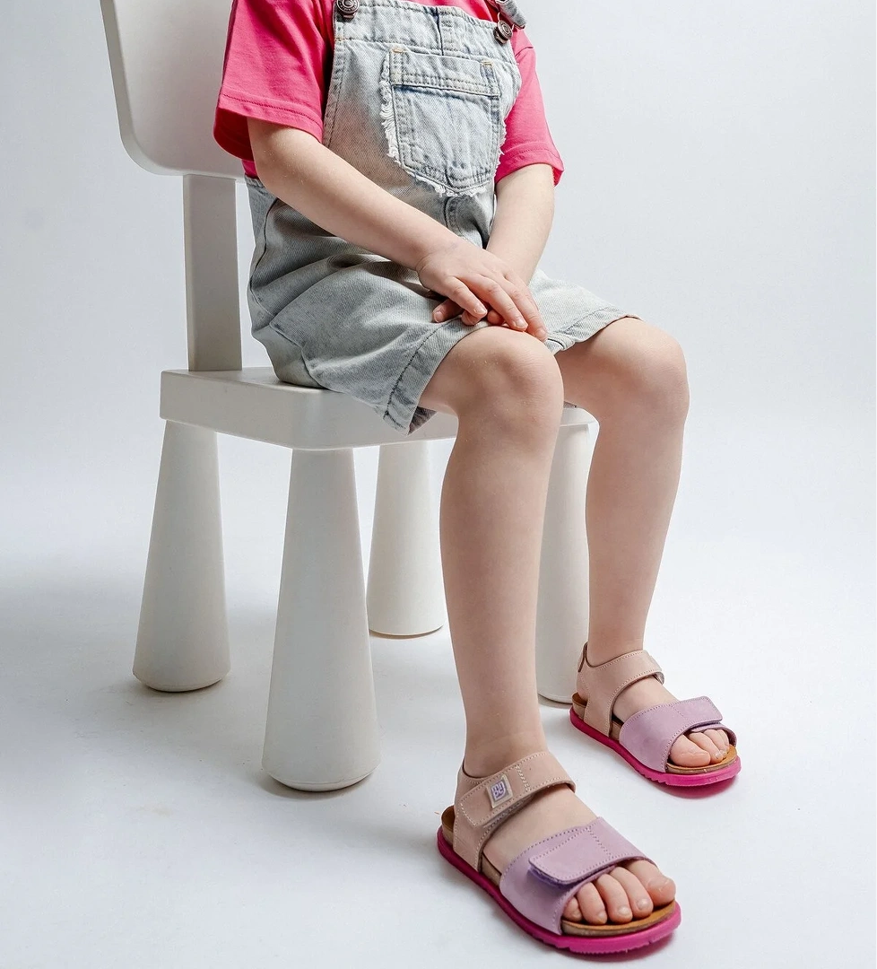 Unisex Çocuk Lila-Pembe Hakiki Deri Mantar Tabanlı Günlük Çocuk Sandalet