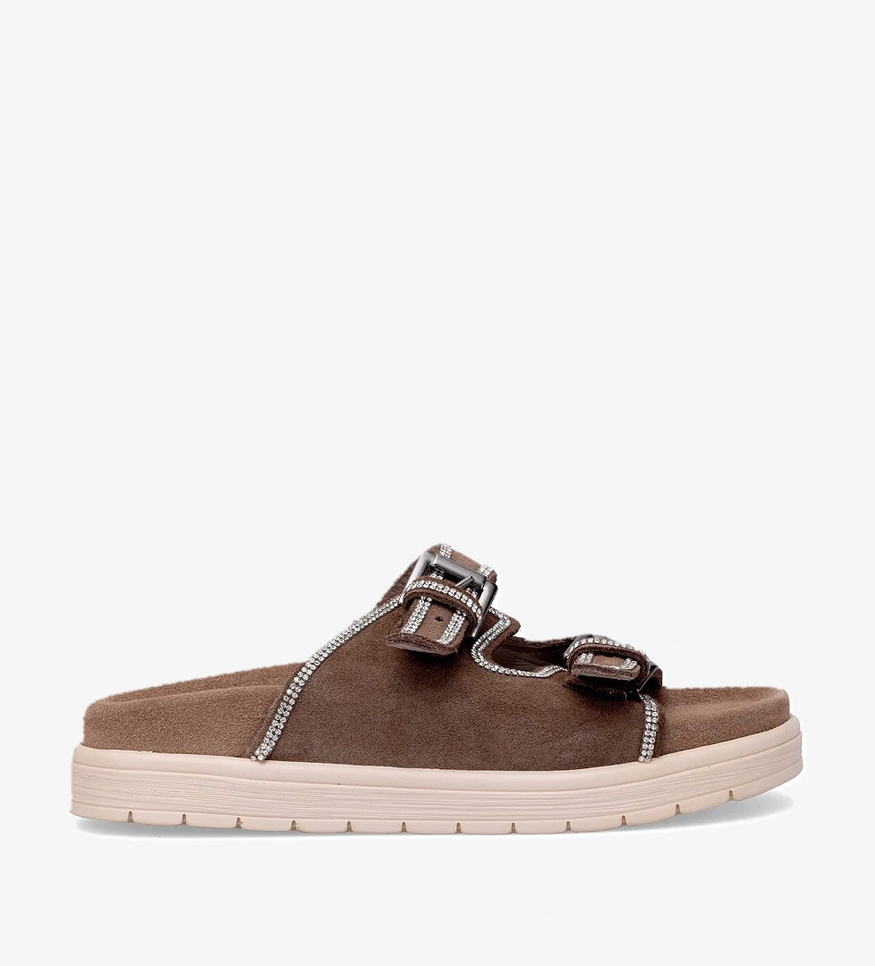 Elit Zeyn8144S Kadın Hakiki Nubuk Deri Ortopedik Taşlı Düz Terlik Vizon - Görsel 1