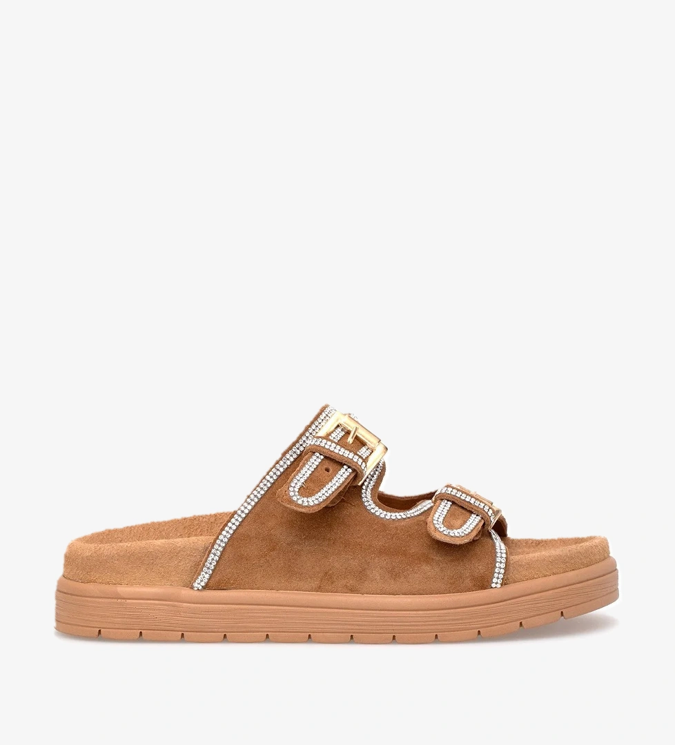 Elit Zeyn8144S Kadın Hakiki Nubuk Deri Ortopedik Taşlı Düz Terlik Taba