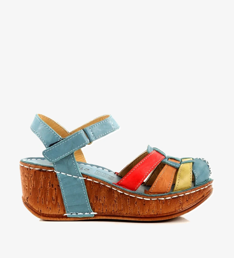 Soney Çok Renkli Mavi Hakiki Deri Sandalet Önü Kapalı Dolgu Topuklu Kadın Ayakkabı