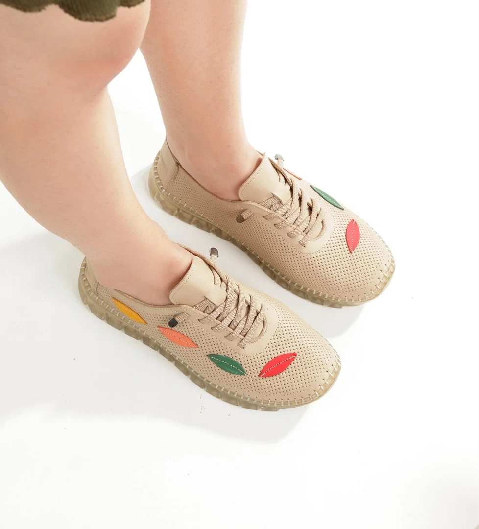 Aryan Krem Ten Rengi Hakiki Deri Yazlık Delikli Babet Anatomiye Uygun Spor Ayakkabı