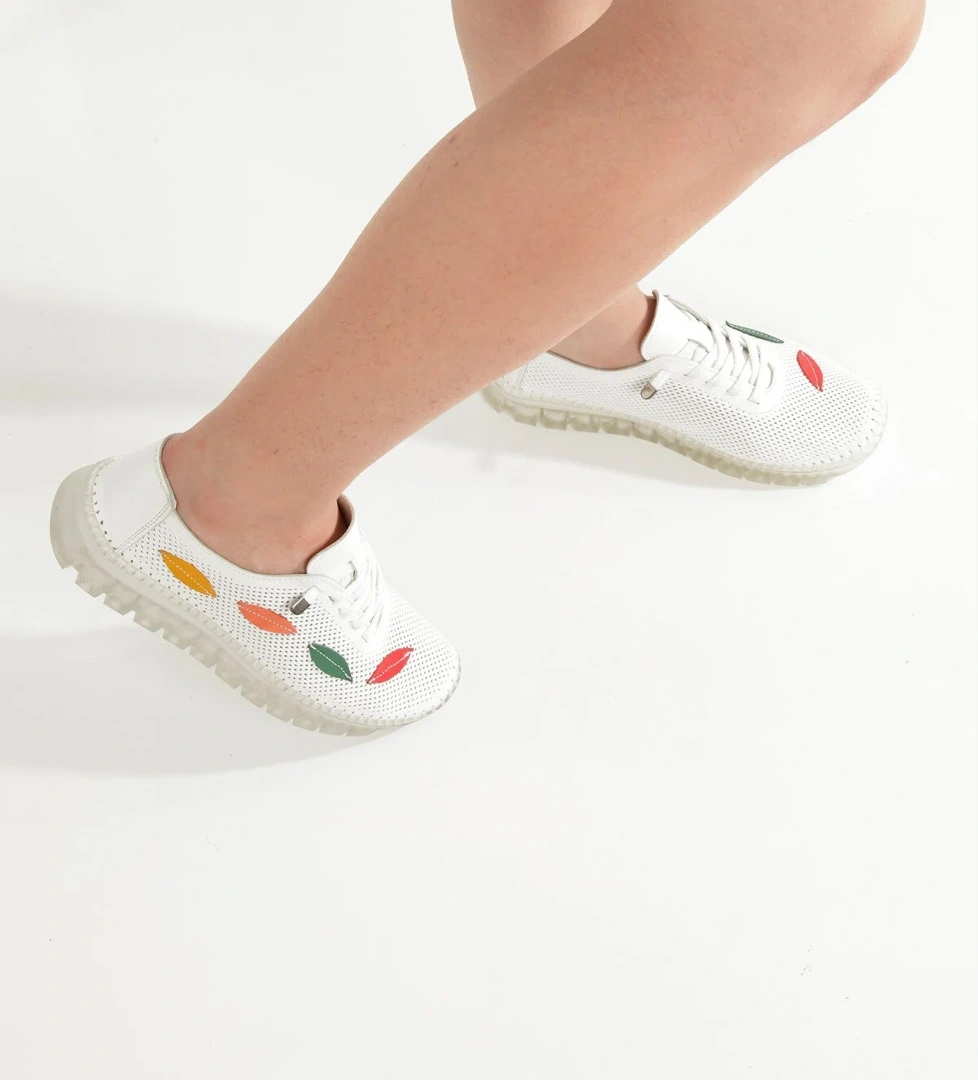 Aryan Beyaz Hakiki Deri Yazlık Delikli Babet Anatomiye Uygun Spor Ayakkabı