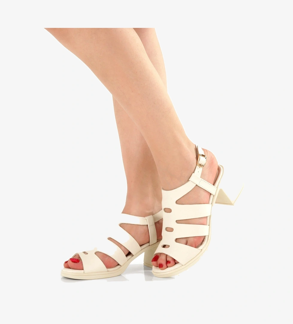 Edisa Ekru Beyaz Hakiki Deri Çok Bantlı Sandalet Kalın Hafif Topuklu Ayakkabı - Görsel 1