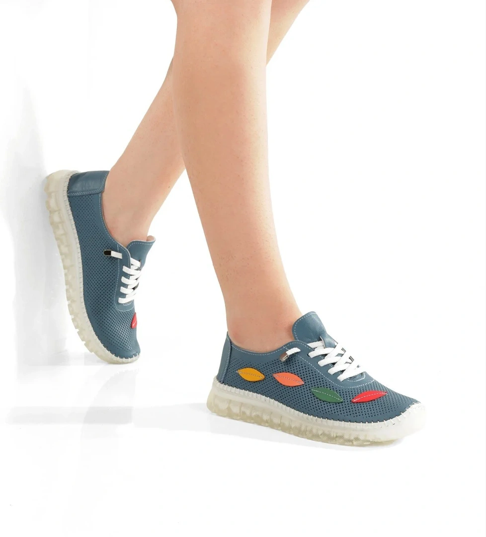 Aryan Mavi Hakiki Deri Yazlık Delikli Babet Anatomiye Uygun Spor Ayakkabı - Görsel 1