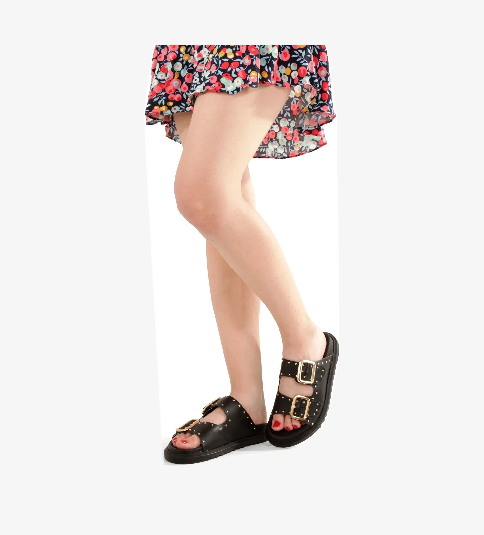 Zaris Siyah Hakiki Deri Çift Toka ve Altın Zımbalı Kadın Terlik