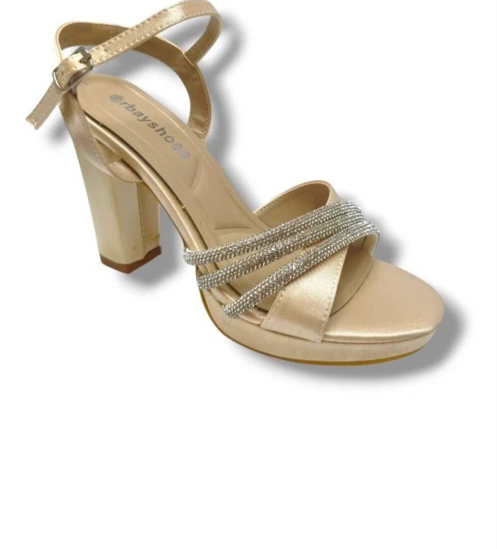 383-25 Saten Taşlı Yüksek Topuk Kadın Sandalet - Görsel 1