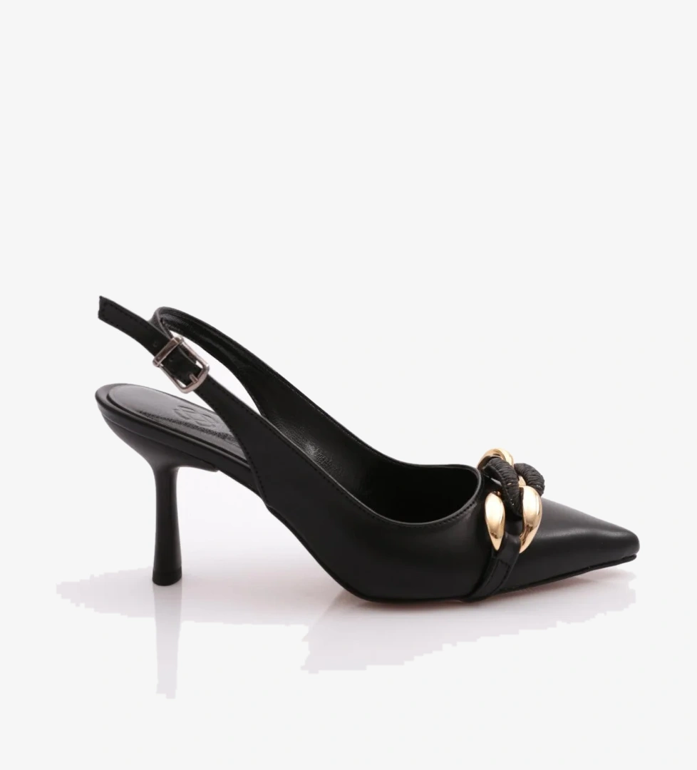 4141 Kadin Önü Kalin Zincir Desenli Topuklu Ayakkabi