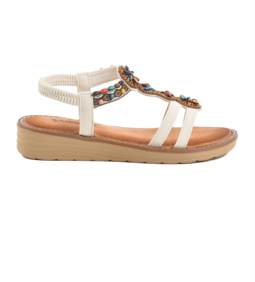 Beyaz Hakiki Deri Taş İşlemeli Kadın Sandalet 9634 Z