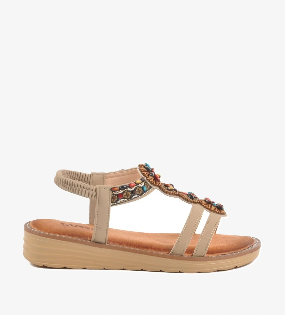 Bej Hakiki Deri Taş İşlemeli Kadın Sandalet 9634 Z