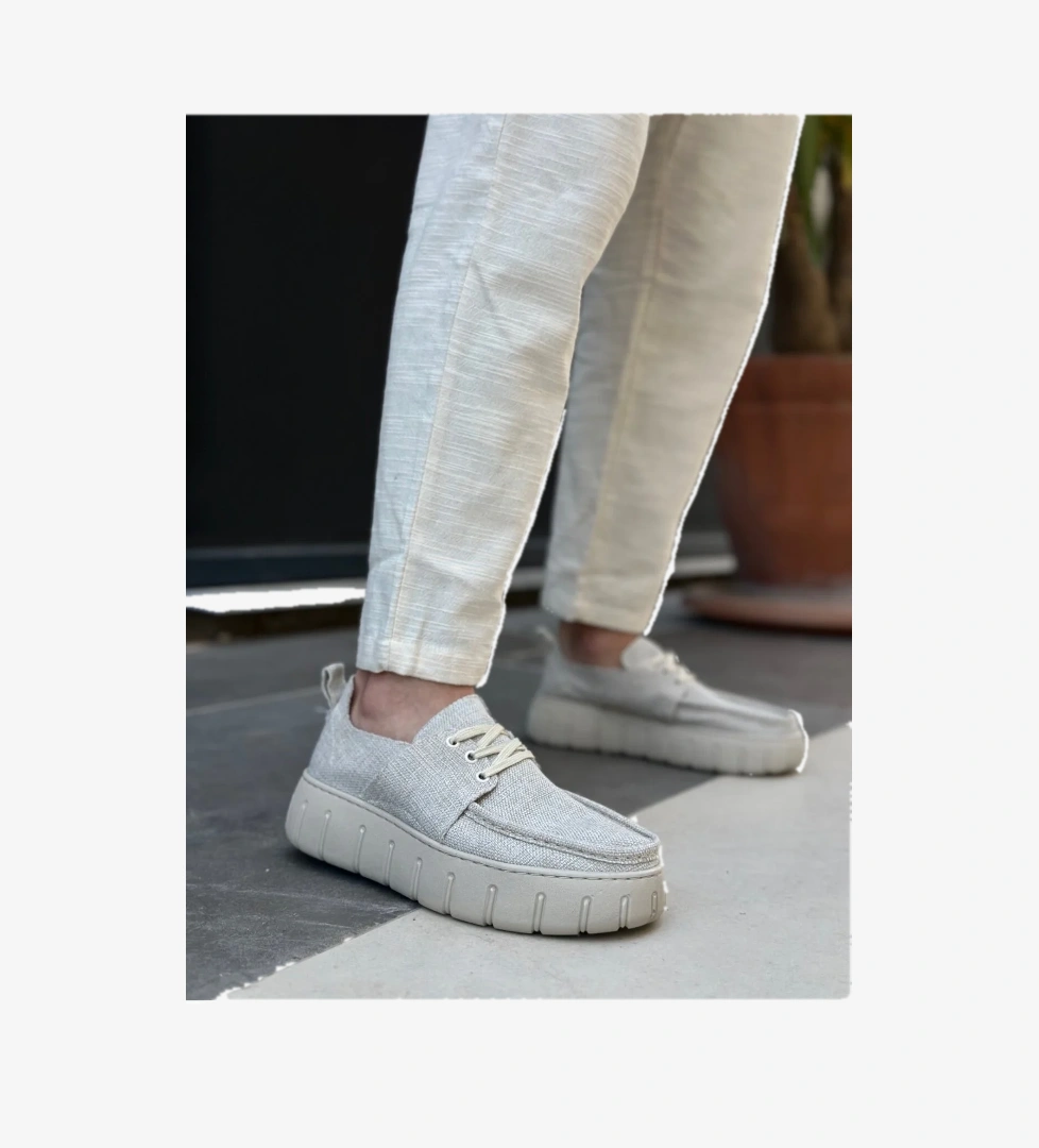 Pabucmarketi Bağcıklı Keten Erkek Günlük Ayakkabı KREM (KREM TABAN) model görseli