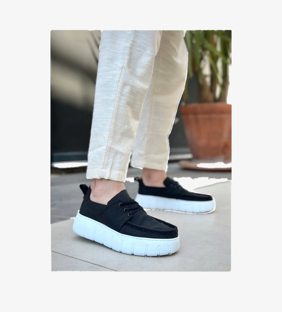 Pabucmarketi Bağcıklı Keten Erkek Günlük Ayakkabı SİYAH (BEYAZ TABAN) model görseli