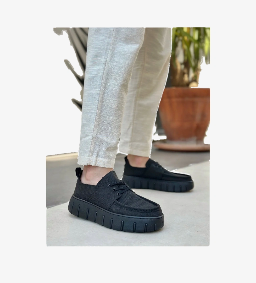 Pabucmarketi Bağcıklı Keten Erkek Günlük Ayakkabı SİYAH (SİYAH TABAN) model görseli