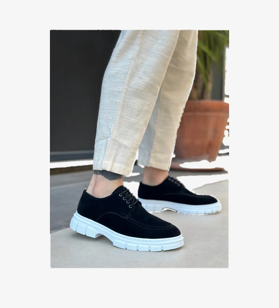 Pabucmarketi Bağcıklı Erkek Casual Ayakkabı SİYAH SÜET (BEYAZ TABAN) model görseli