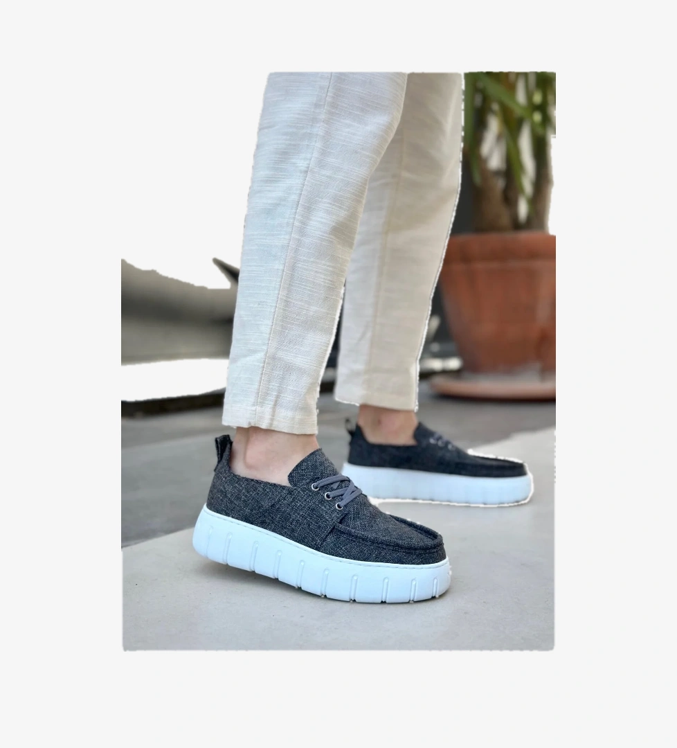 Pabucmarketi Bağcıklı Keten Erkek Günlük Ayakkabı GRİ (BEYAZ TABAN) model görseli