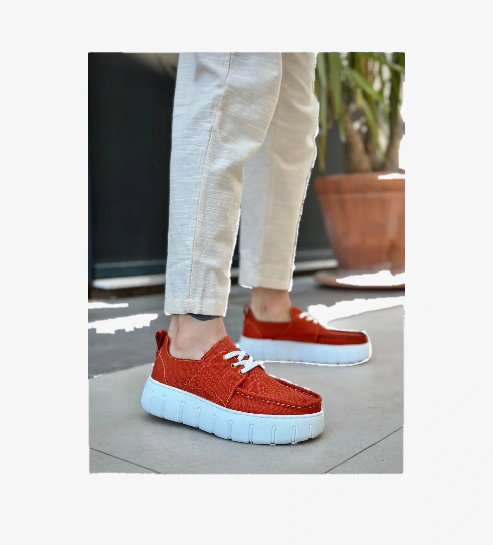 Pabucmarketi Bağcıklı Keten Erkek Günlük Ayakkabı TURUNCU (BEYAZ TABAN) model görseli