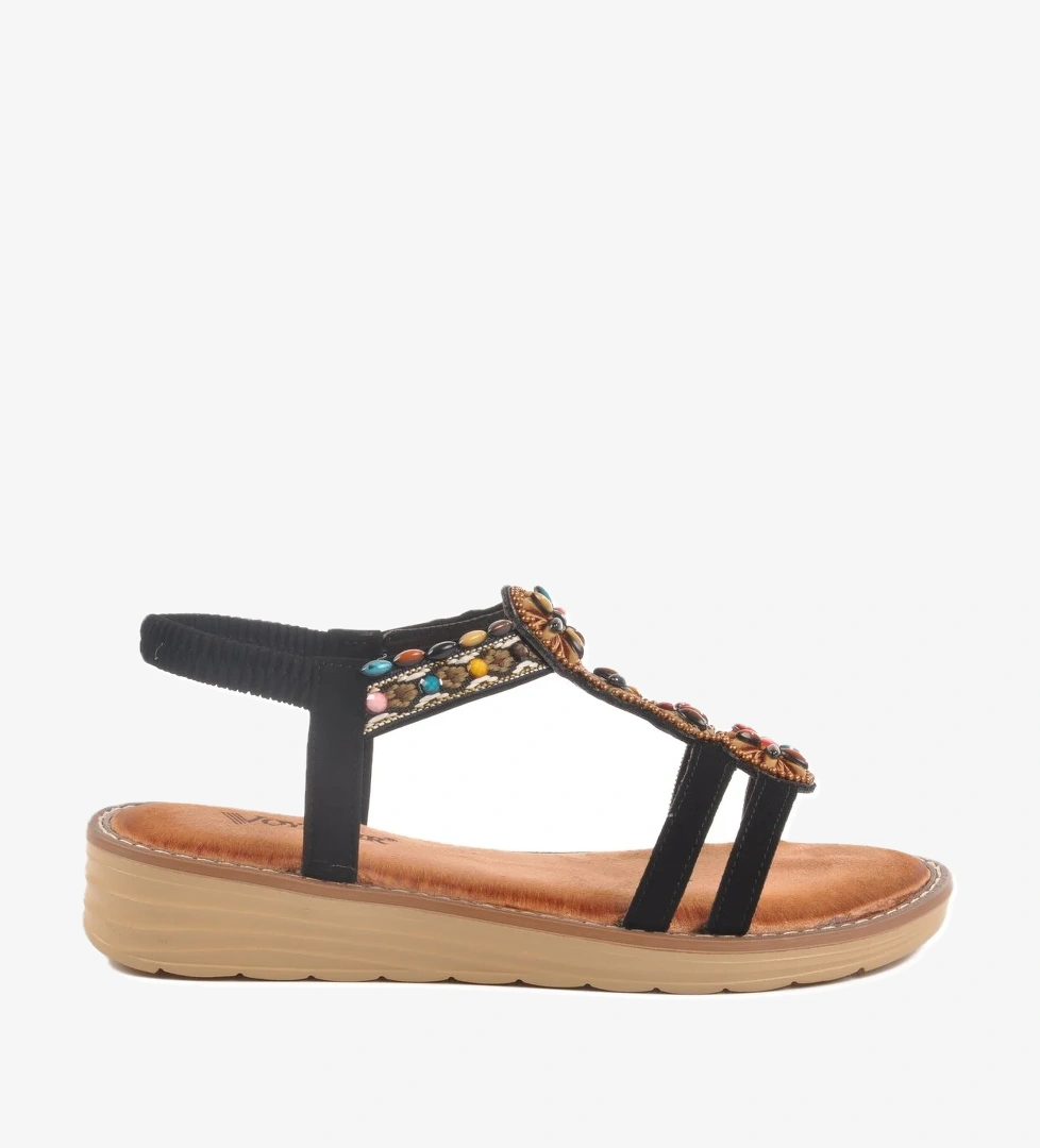 Siyah Hakiki Deri Taş İşlemeli Kadın Düz Sandalet - Görsel 1