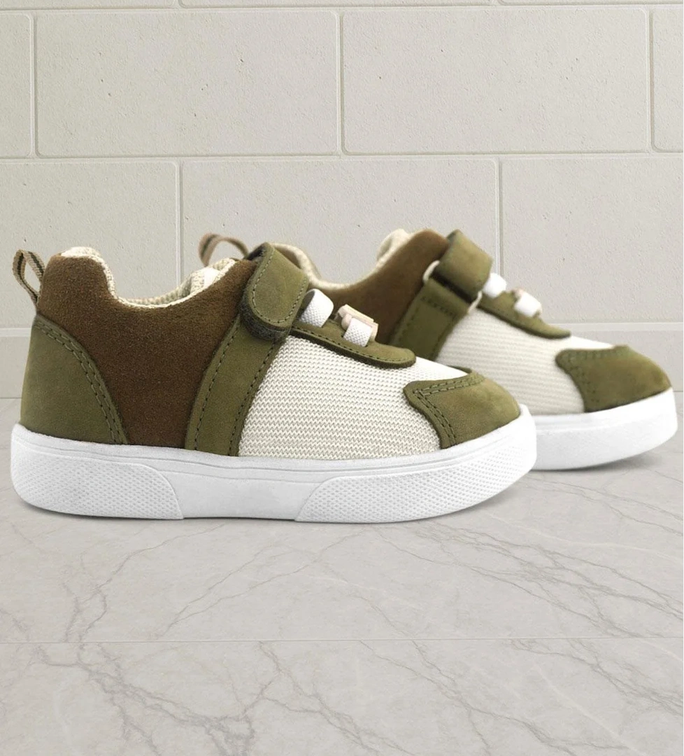 Hakiki Deri Haki Yeşil Krem Rengi Cırtlı Bebek Ayakkabı - Görsel 1