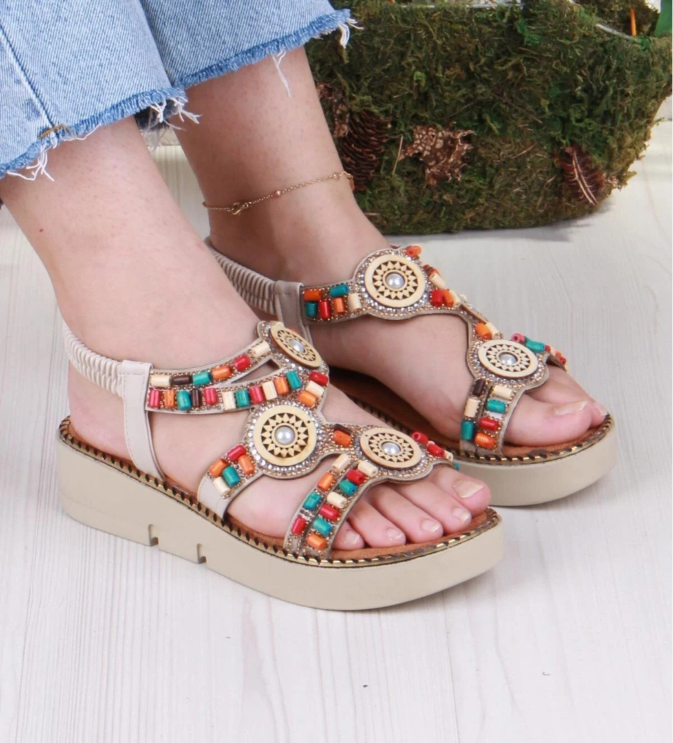 079-501 Fls Boncuk Renkli Toka Detaylı Lastik Bağlı Kalın Taban Kadın Sandalet