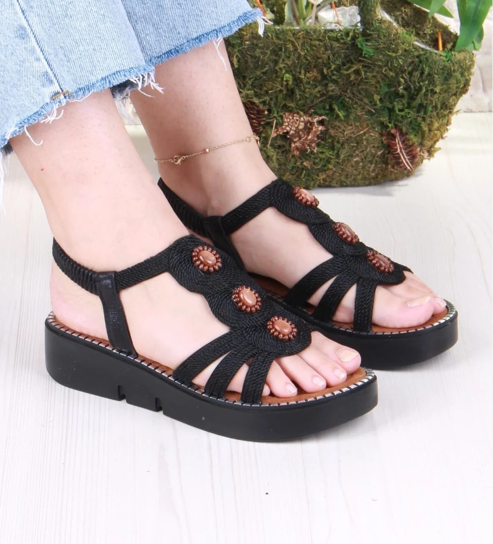 079-505 Fls Toka Detaylı Lastik Bağlı Kalın Taban Kadın Sandalet - Görsel 1