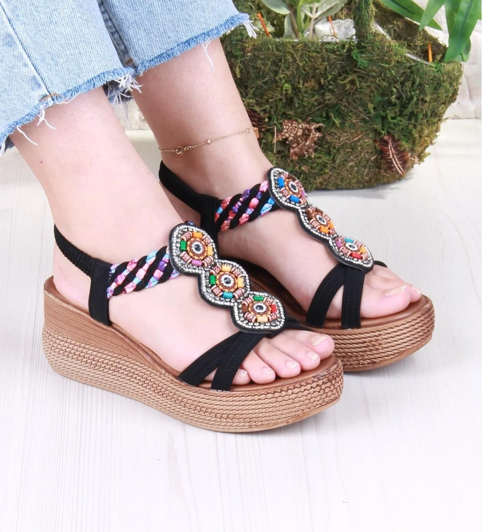 5015 Fendi Taşlı Boncuklu Dolgu Taban Kadın Sandelet