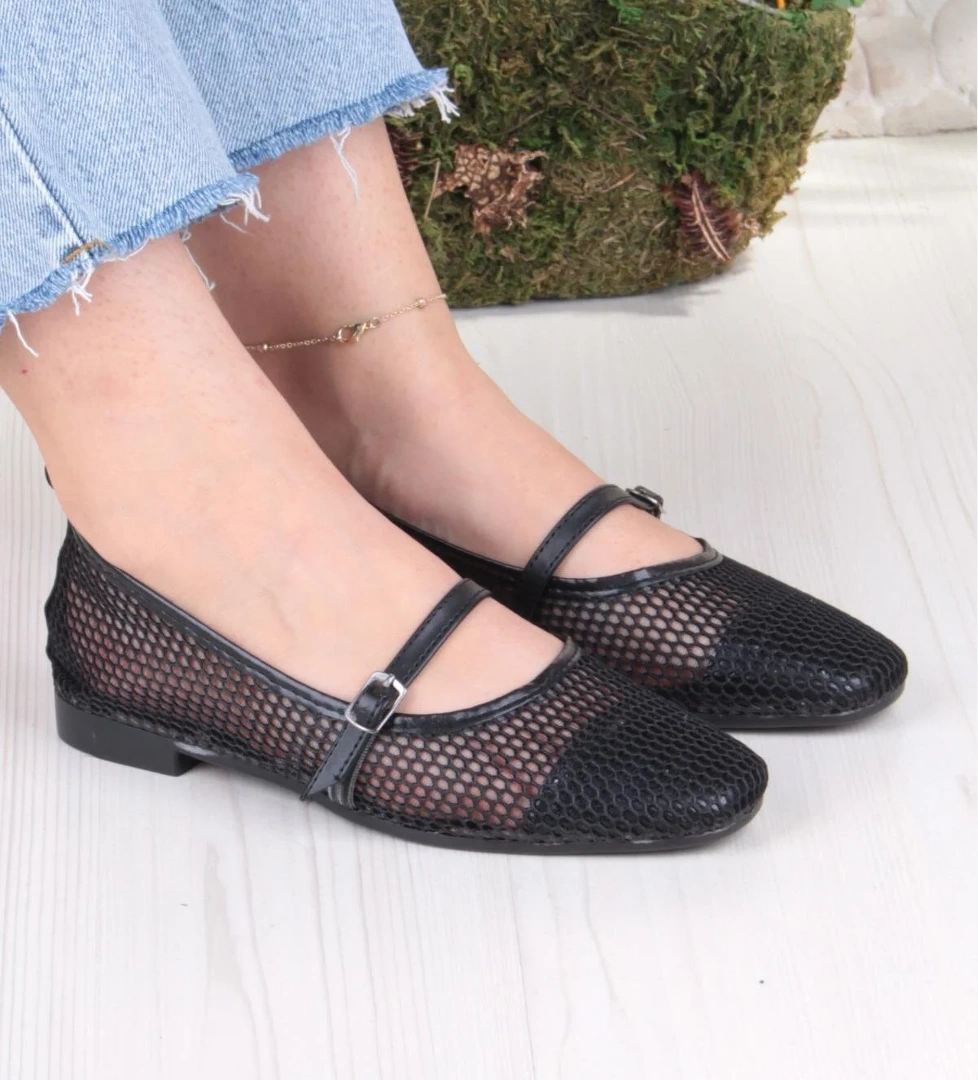 402 Ceyn Fileli Triko Toka Detaylı Şık Ev İş Ofis Rahat Günlük Ayakkabı Kadın Babet - Görsel 1