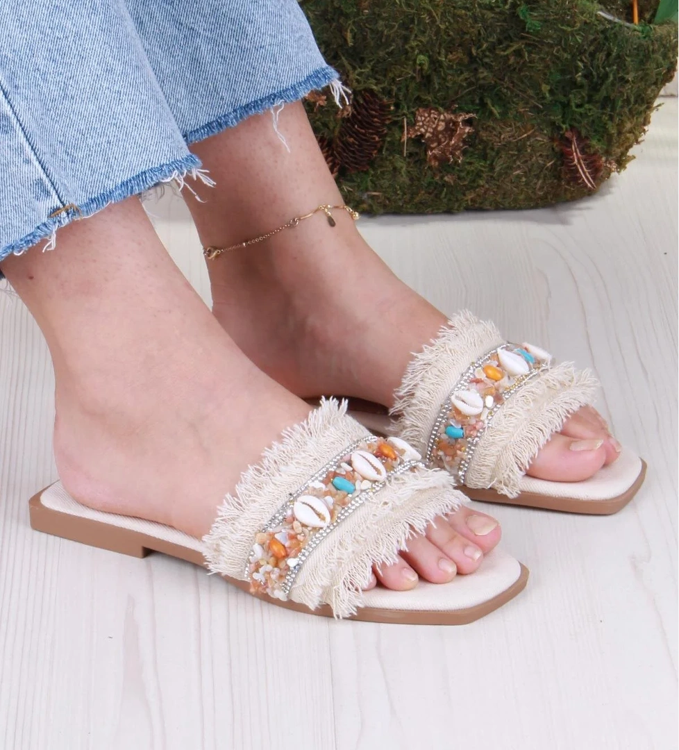 Fort 3572 Keten Bonçuk Taş Detaylı Tatil Terliği Günlük Terlik Kadın model görseli