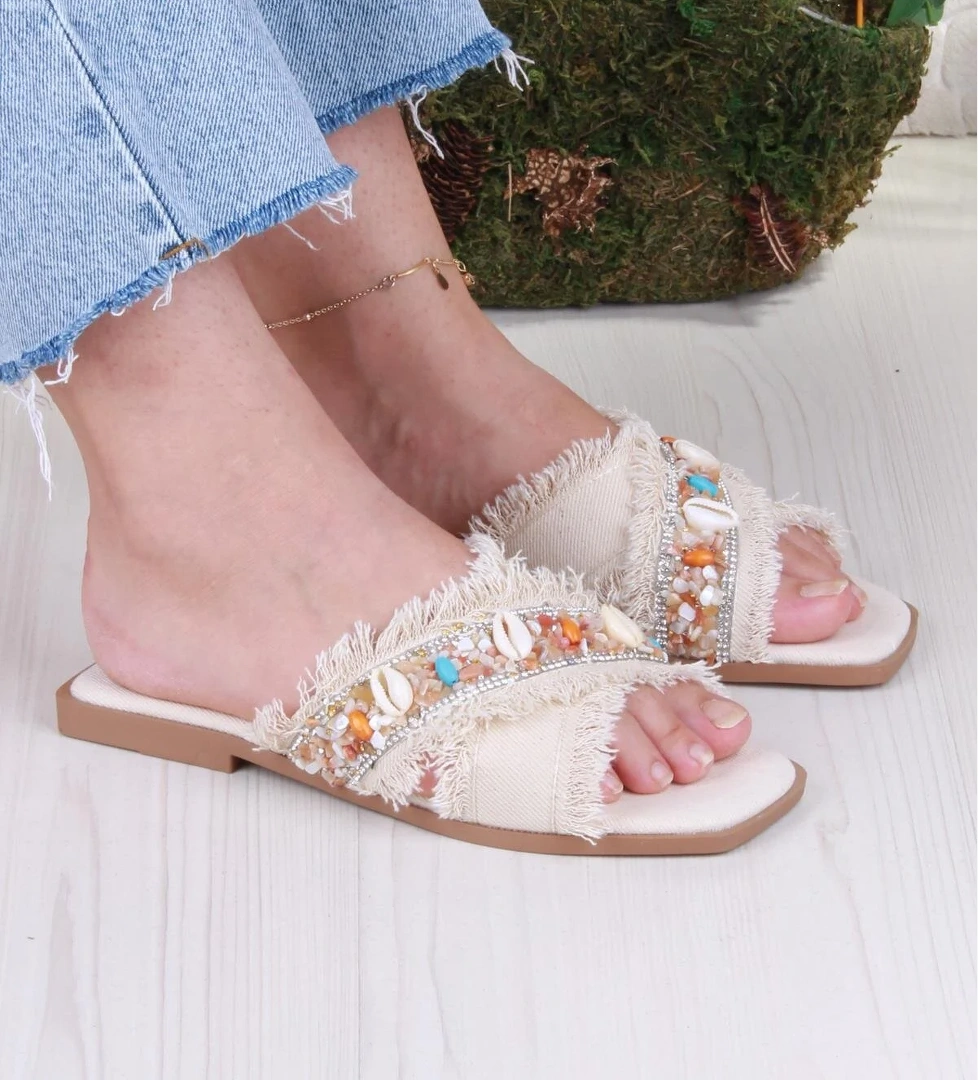 Fort 3571 Keten Bonçuk Taş Detaylı Tatil Terliği Günlük Terlik Kadın model görseli