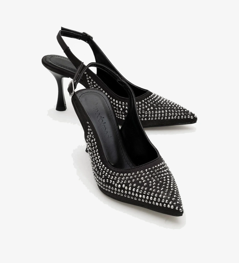 Taşlı Sivri Burunlu Kadın Topuklu Ayakkabı SİYAH SATEN