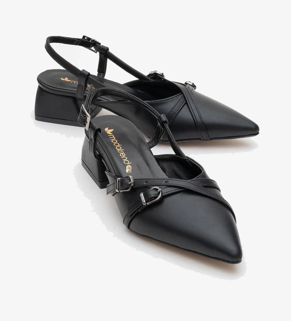 Ccway Kadın Arkası Açık Çapraz Tokalı Topuklu Ayakkabı Si̇yah Bej Ci̇lt model görseli