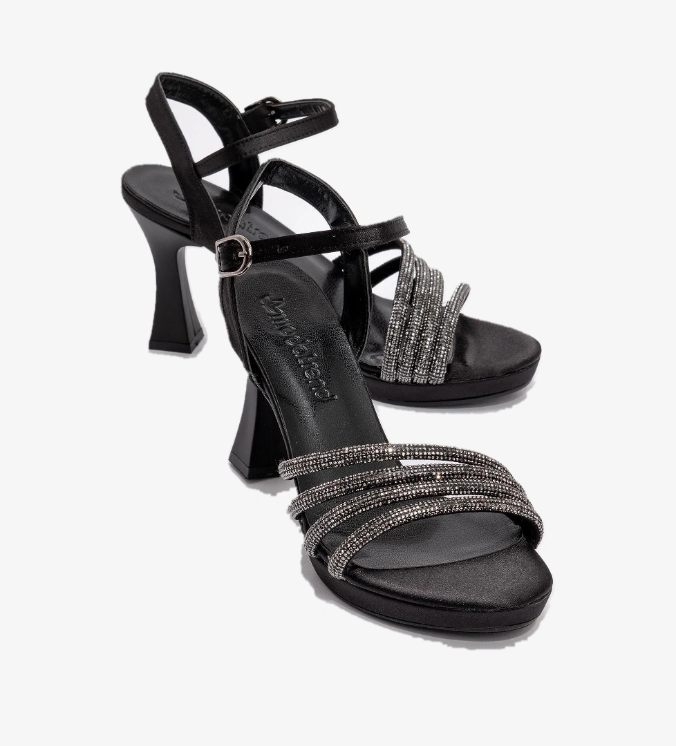 Kadın Biyeli Taşlı Topuklu Sandalet SİYAH SATEN