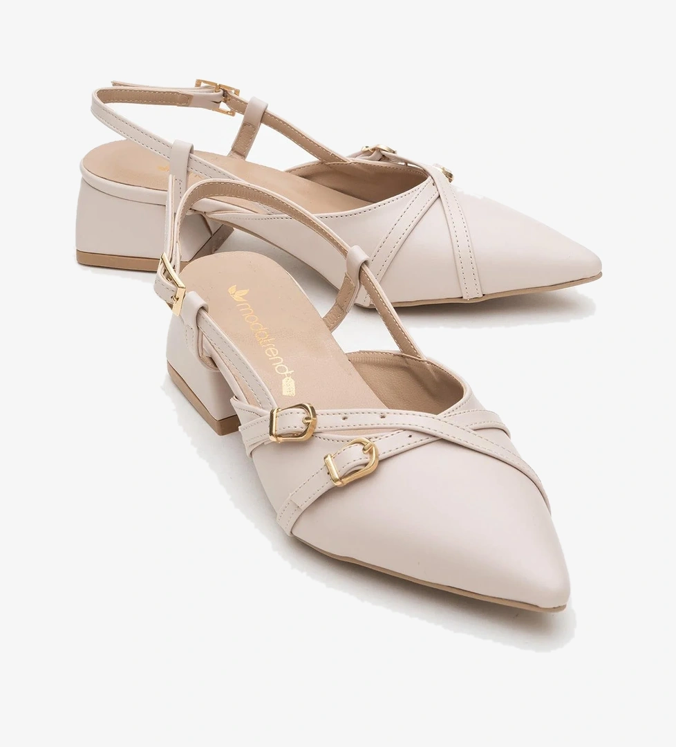 Kadın Arkası Açık Çapraz Tokalı Topuklu Ayakkabı BEJ CİLT