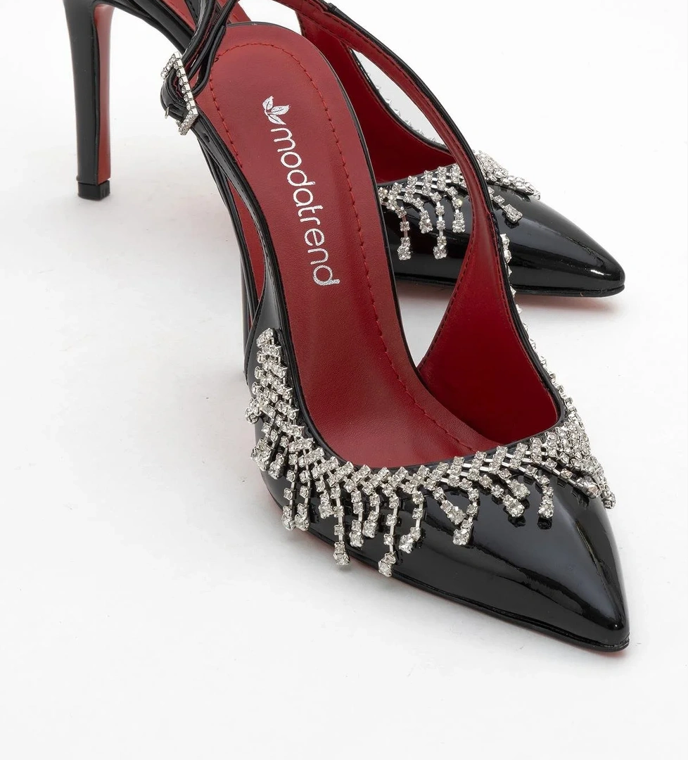 Saçak Taşlı Açık Kadın Stiletto Ayakkabı SİYAH RUGAN - Görsel 1