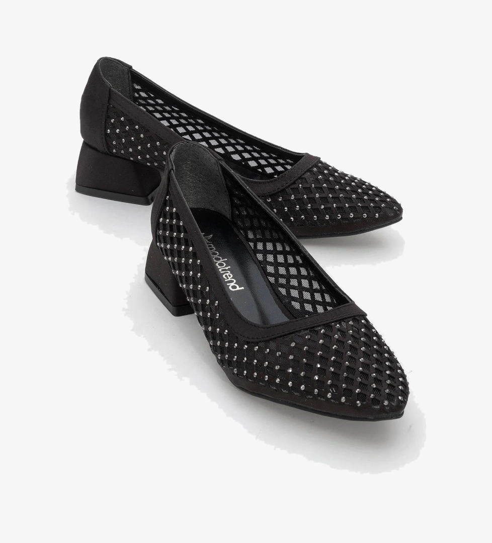 Ccway Kadın Taşlı Fileli Topuklu Ayakkab SİYAH SATEN model görseli