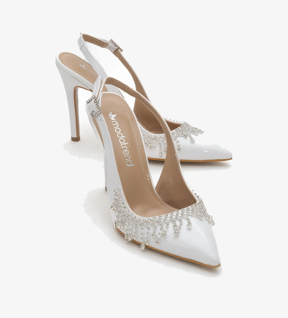 Saçak Taşlı Açık Kadın Stiletto Ayakkabı BEYAZ RUGAN