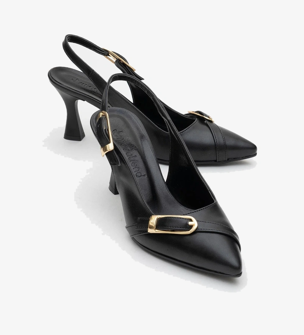 Kadın Tokalı Açık Topuklu Ayakkabı SİYAH CİLT - Görsel 1