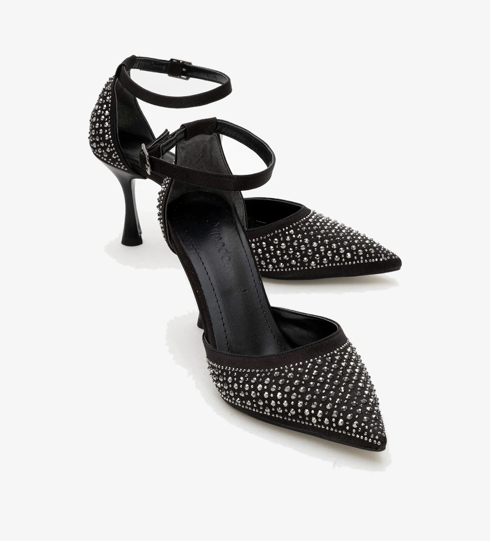 Taşlı Sivri Burunlu Kadın Topuklu Ayakkabı SİYAH SATEN