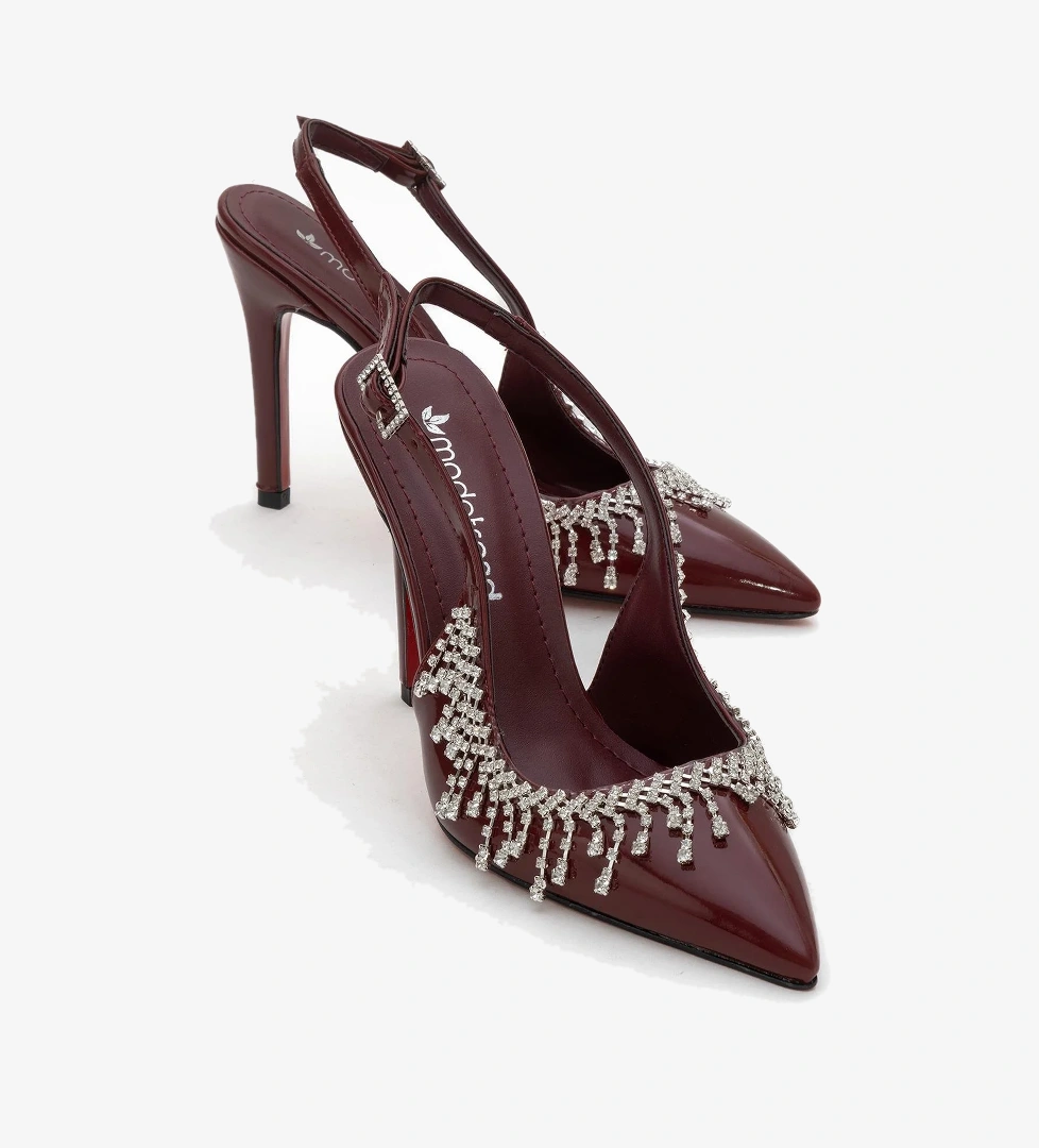 Saçak Taşlı Açık Kadın Stiletto Ayakkabı BORDO RUGAN