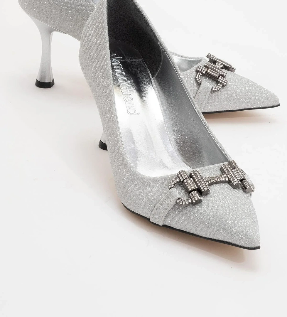 Kadın Taşlı Topuklu Ayakkabı GÜMÜŞ SİM