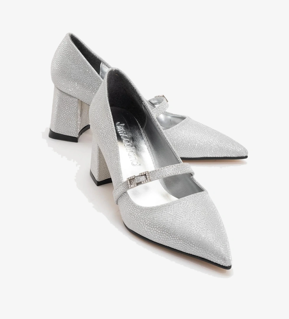 Kadın Kemerli Taşlı Topuklu Ayakkabı GÜMÜŞ NOLTALI SİM