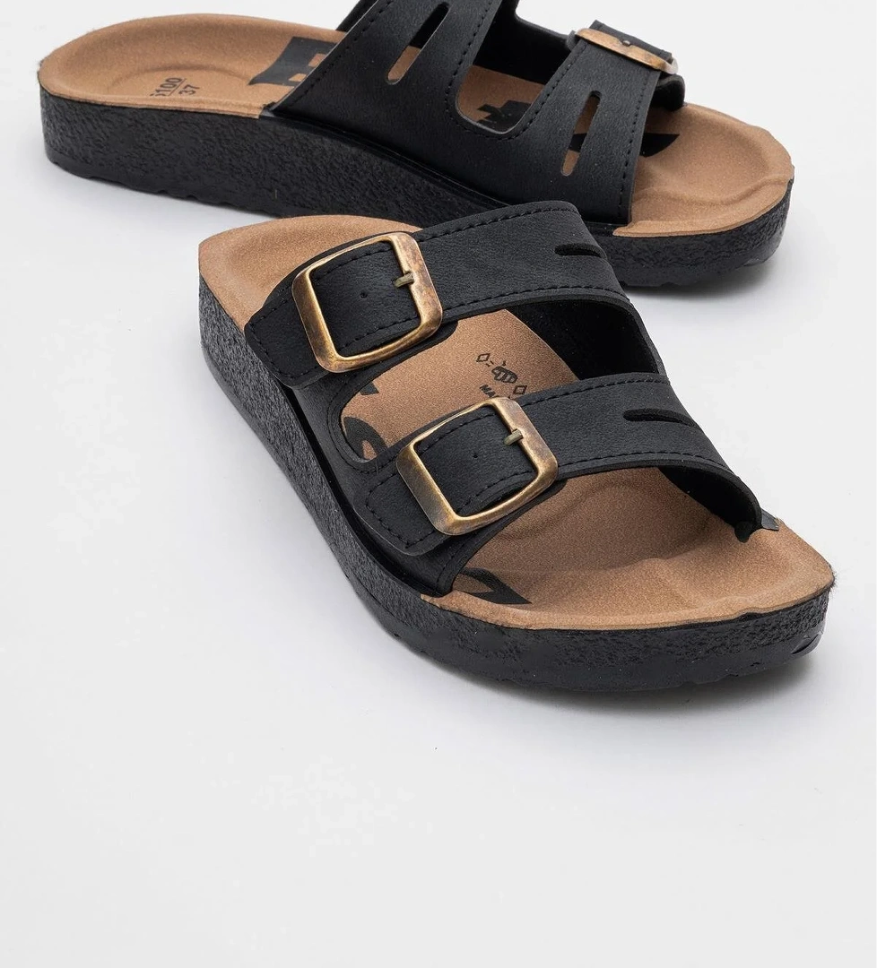 Ccway Tokalı Kadın Düz Terlik Bej Si̇yah model görseli