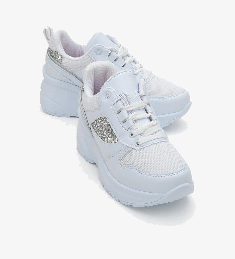 Kadın Anorak Yüksek Taban Simli Spor Ayakkab BEYAZ