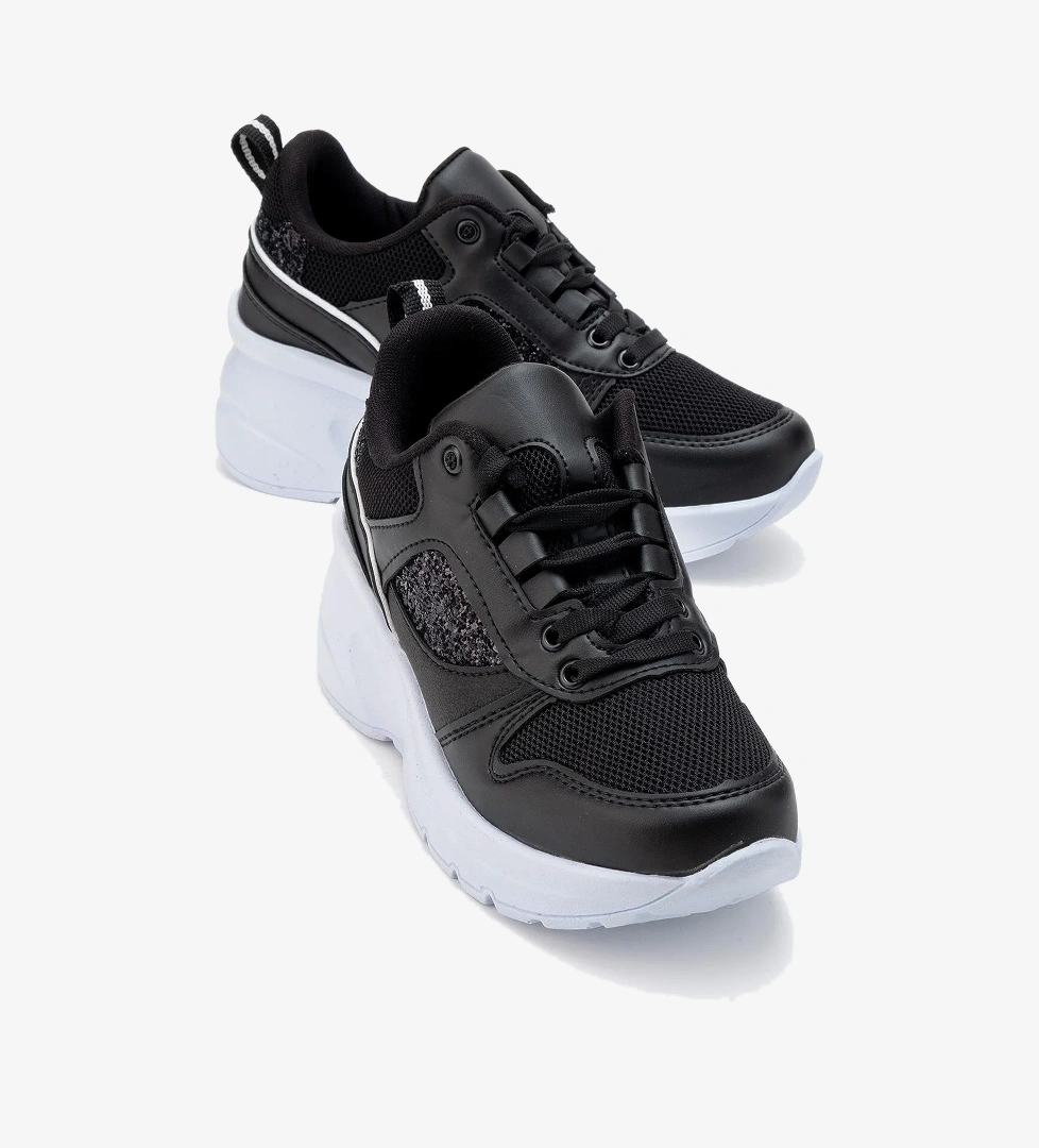 Kadın Anorak Yüksek Taban Simli Spor Ayakkab SİYAH BEYAZ - Görsel 1