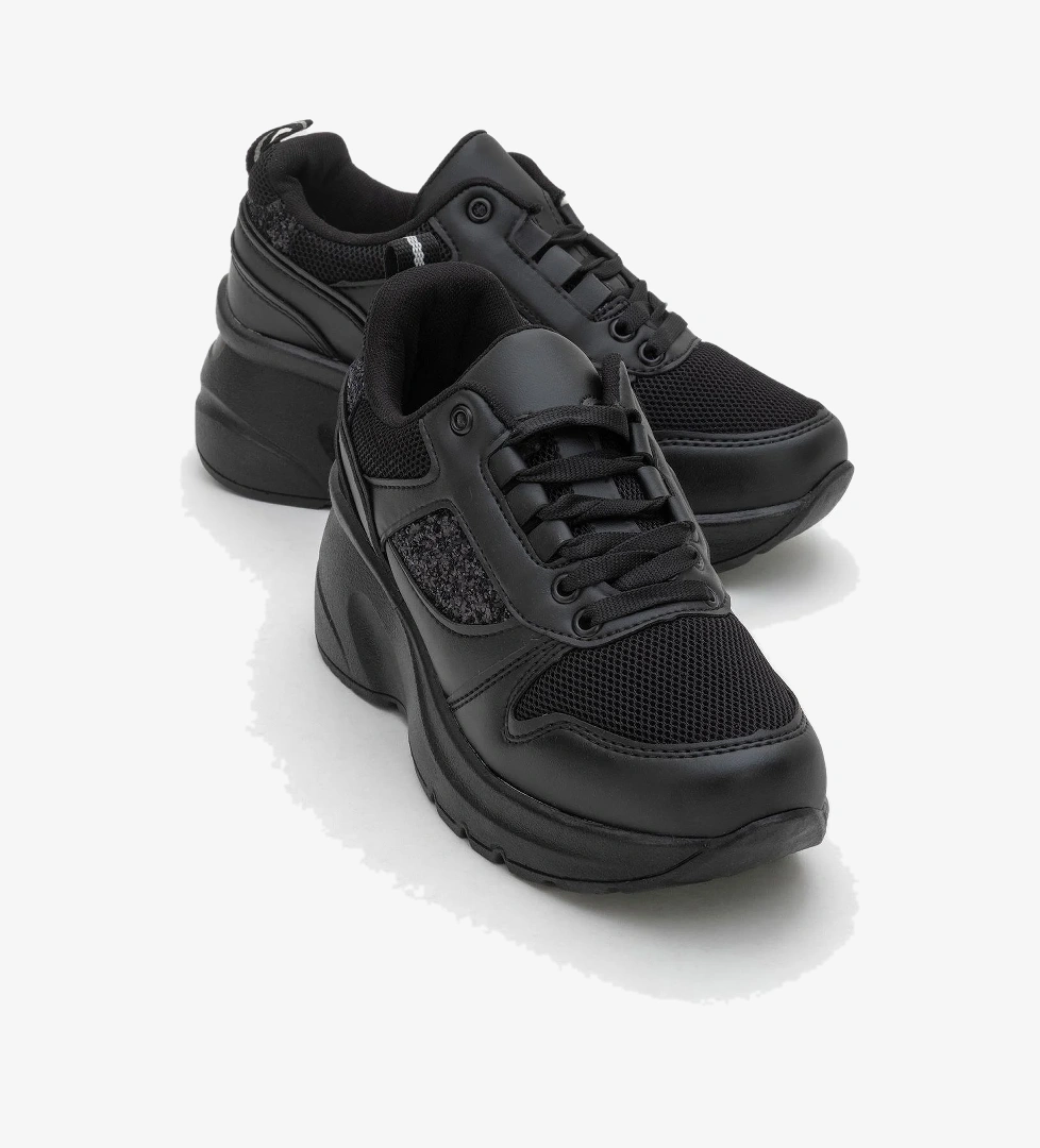 Kadın Anorak Yüksek Taban Simli Spor Ayakkab SİYAH