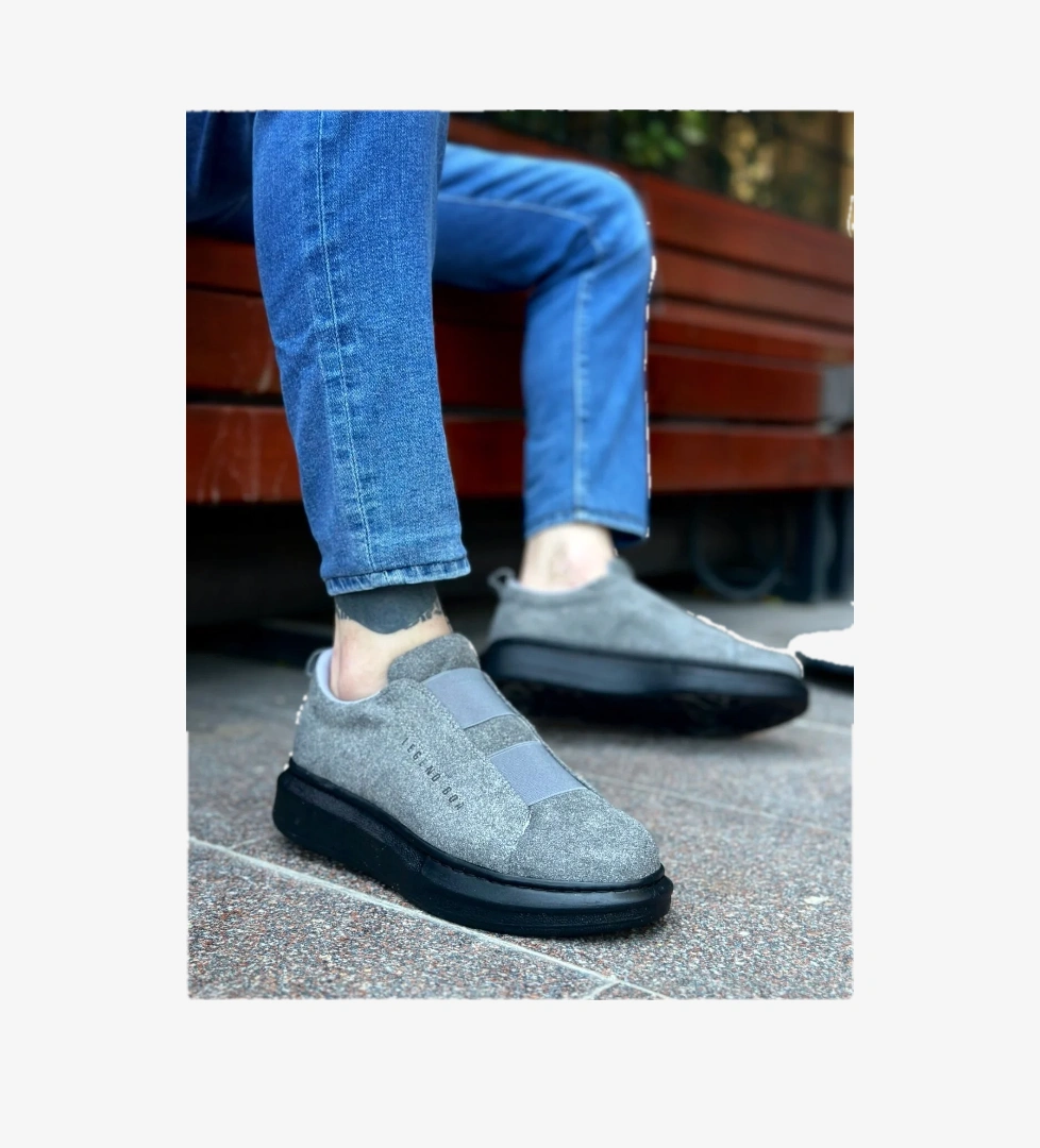 Pabucmarketi Bağcıksız Çift Bant Erkek Ayakkabı GRİ (SİYAH TABAN) model görseli