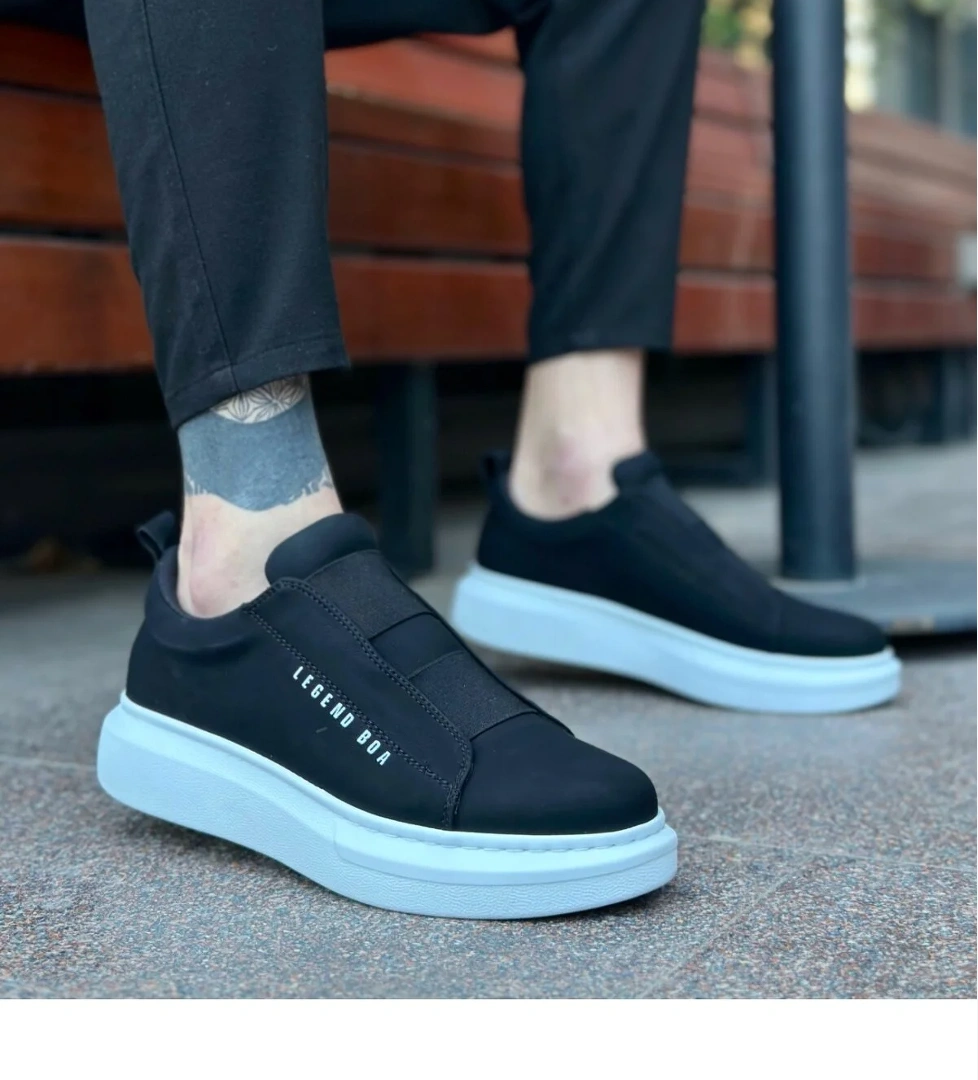 Pabucmarketi Bağcıksız Çift Bant Erkek Ayakkabı SİYAH (BEYAZ TABAN) model görseli