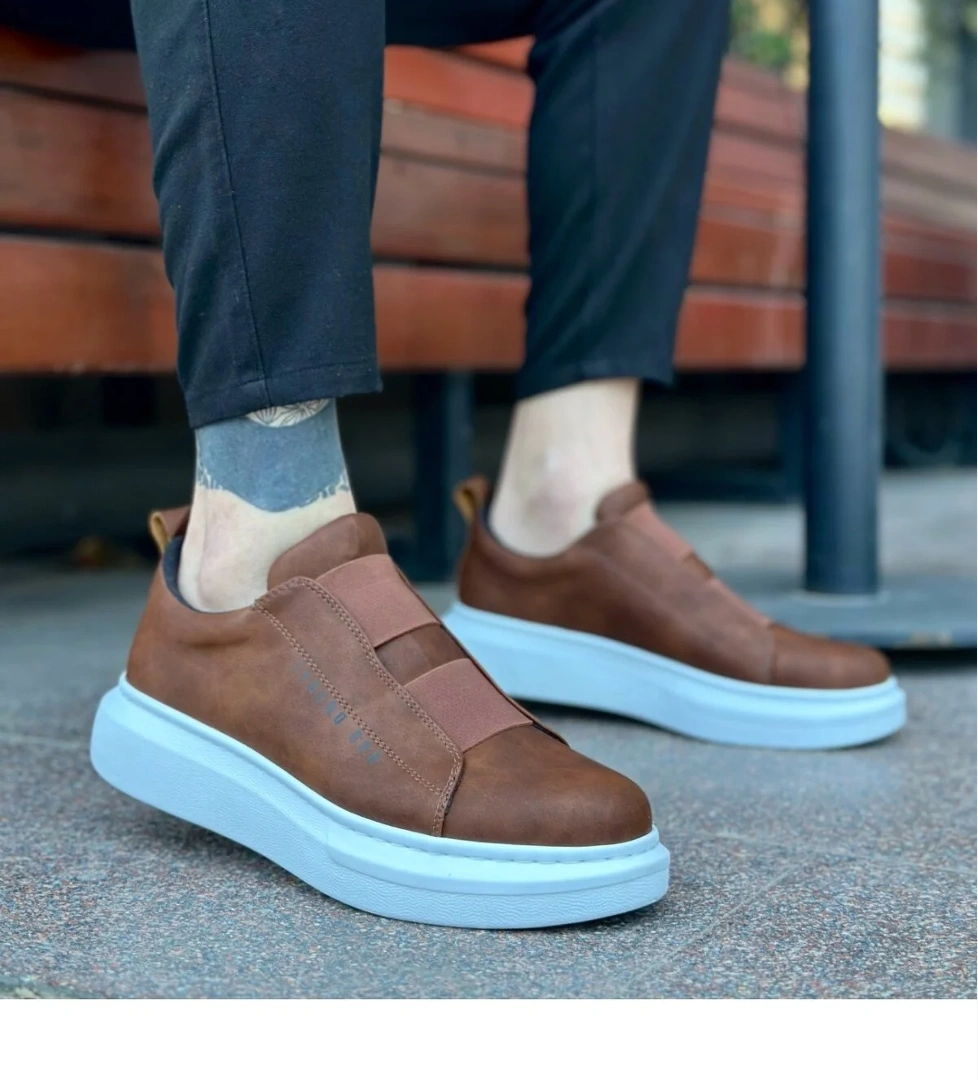 Pabucmarketi Bağcıksız Çift Bant Erkek Ayakkabı TABA (BEYAZ TABAN) model görseli