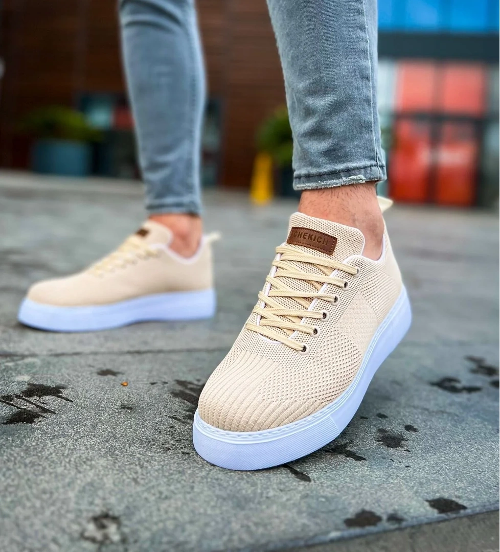 Bağcıklı Triko Kumaş Erkek Spor Ayakkabı Krem